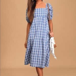 Seaside Breeze Blue Plaid Puff Sleeve Midi Dress